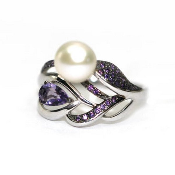 Серебряное кольцо с фианитом, кристаллом и жемчугом культивированным