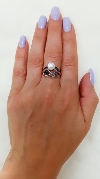 Серебряное кольцо с фианитом, кристаллом и жемчугом культивированным