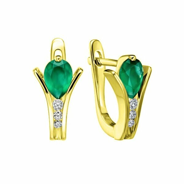 Золотые серьги с бриллиантом и агатом зеленым