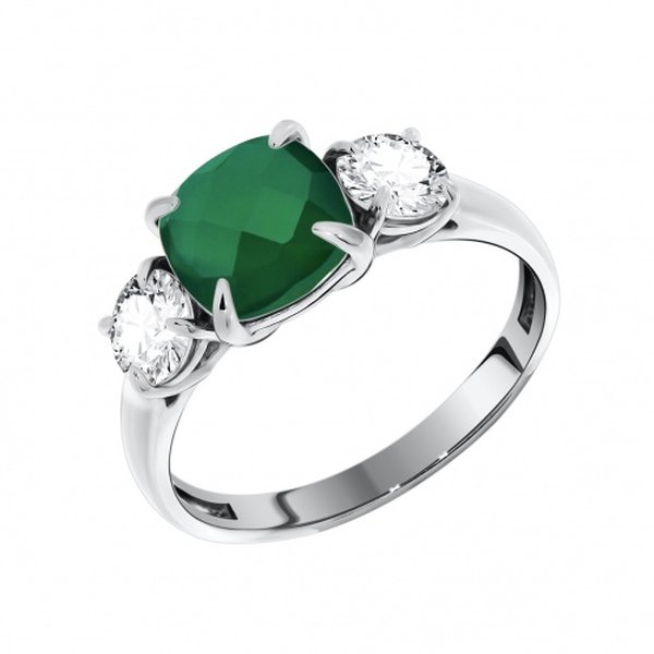Серебряное кольцо с фианитом и агатом зеленым