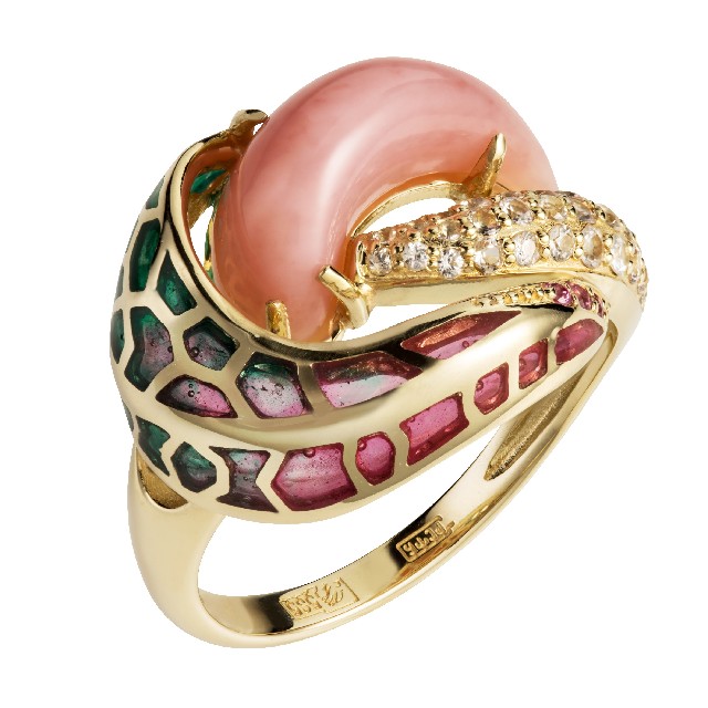 Золотое кольцо с опалом, сапфиром, эмалью и лейкосапфиром