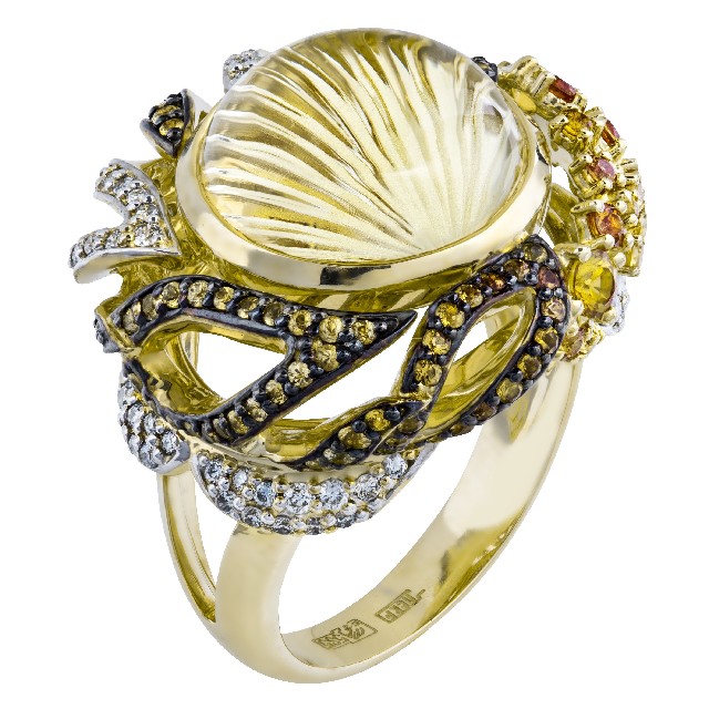 Золотое кольцо с цитрином, бриллиантом и сапфиром