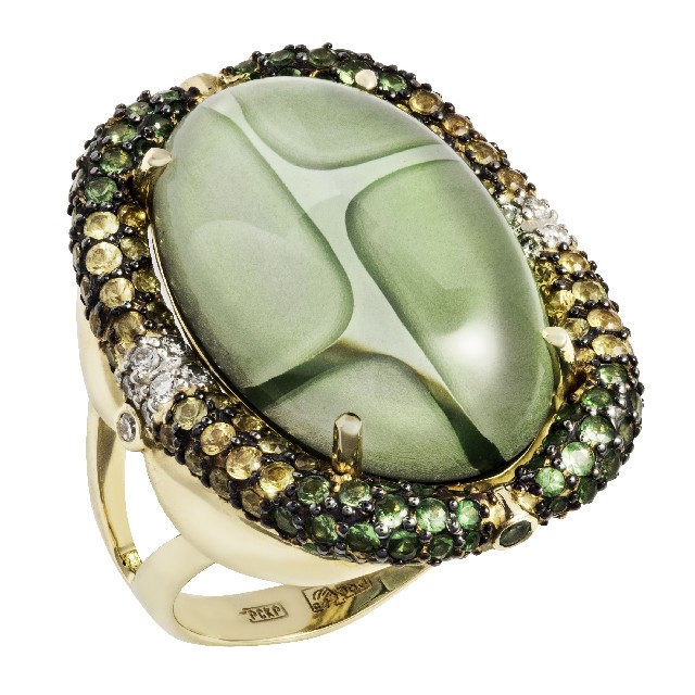 Золотое кольцо с тсаворитом, бриллиантом, празиолитом и сапфиром
