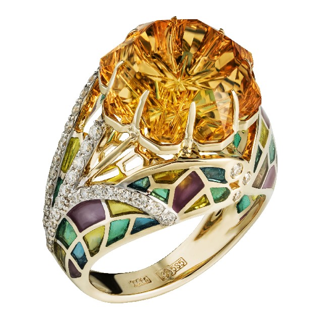 Золотое кольцо с цитрином, бриллиантом и эмалью