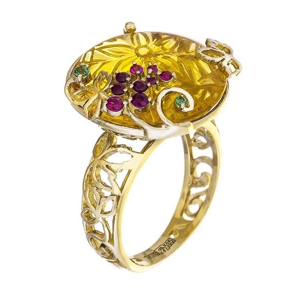 Золотое кольцо с рубином, цитрином и тсаворитом