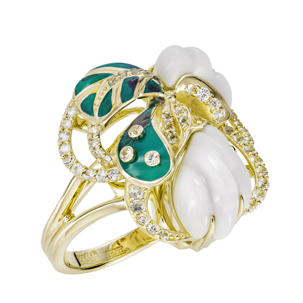 Золотое кольцо с сапфиром white, кахолонгом и эмалью