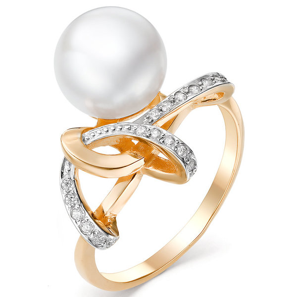Золотое кольцо с жемчугом и фианитом