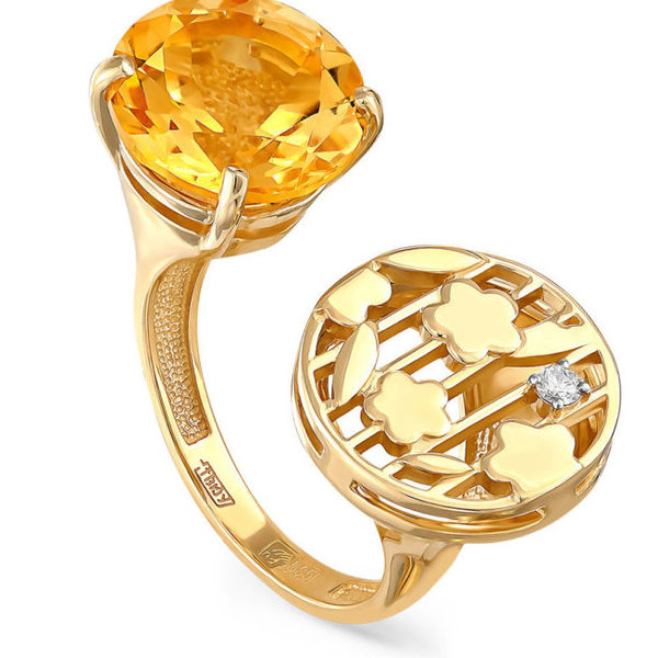 Золотое кольцо с цитрином и бриллиантом