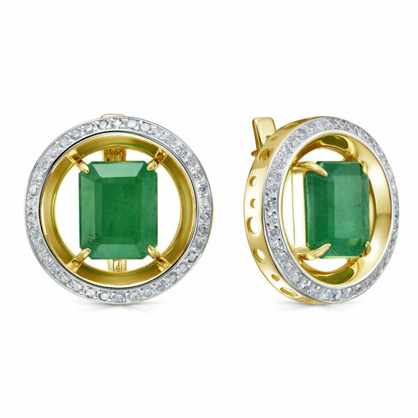 Золотые серьги с бриллиантом и изумрудом