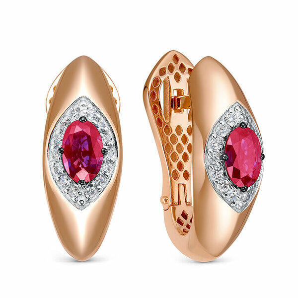 Золотые серьги с бриллиантом и рубином