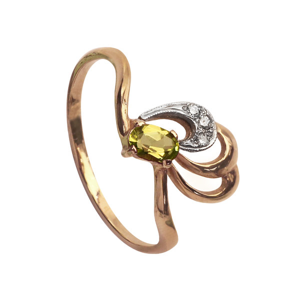 Золотое кольцо с хризолитом и фианитом