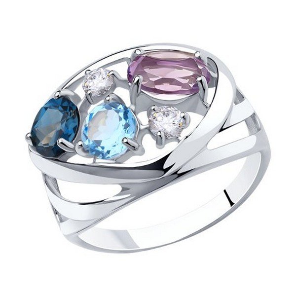 Серебряное кольцо с топазом, топазом лондон, аметистом и фианитом