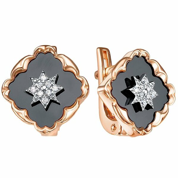 Золотые серьги с&nbsp;ониксом и&nbsp;фианитом