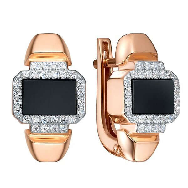 Золотые серьги с&nbsp;ониксом и&nbsp;фианитом