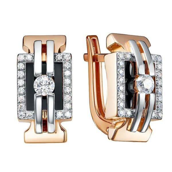 Золотые серьги с&nbsp;ониксом и&nbsp;фианитом