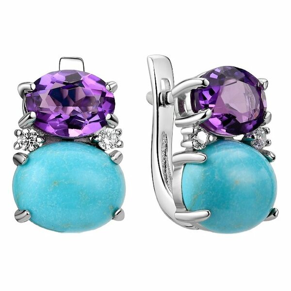 Серебряные серьги с&nbsp;бирюзой, аметистом и&nbsp;фианитом