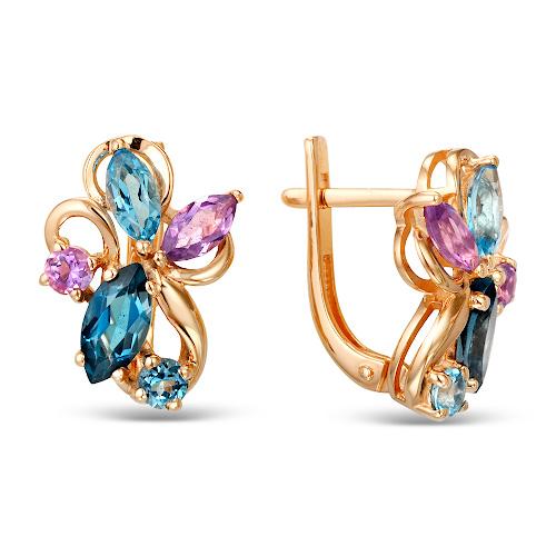 Золотые серьги с&nbsp;топазом лондон, топазом и&nbsp;аметистом