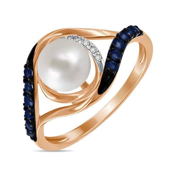 Золотое кольцо с сапфиром, жемчугом культивированным и бриллиантом